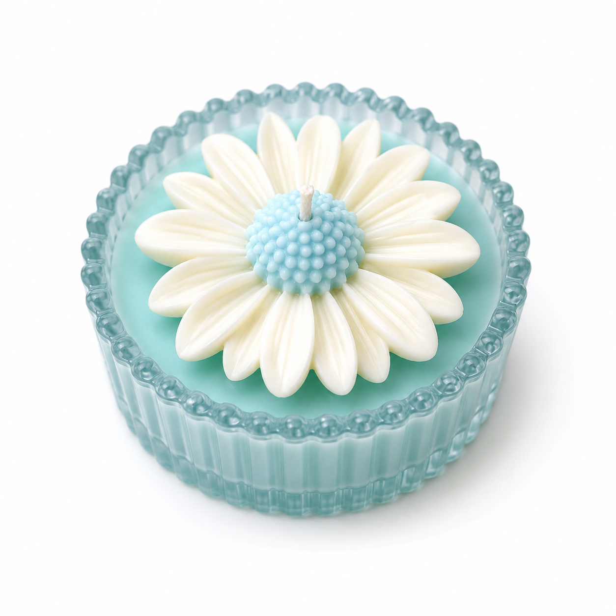Itrāa Essence Daisy Bloom Jar Candle with blooming daisy design and warm candlelight in a glass jar.