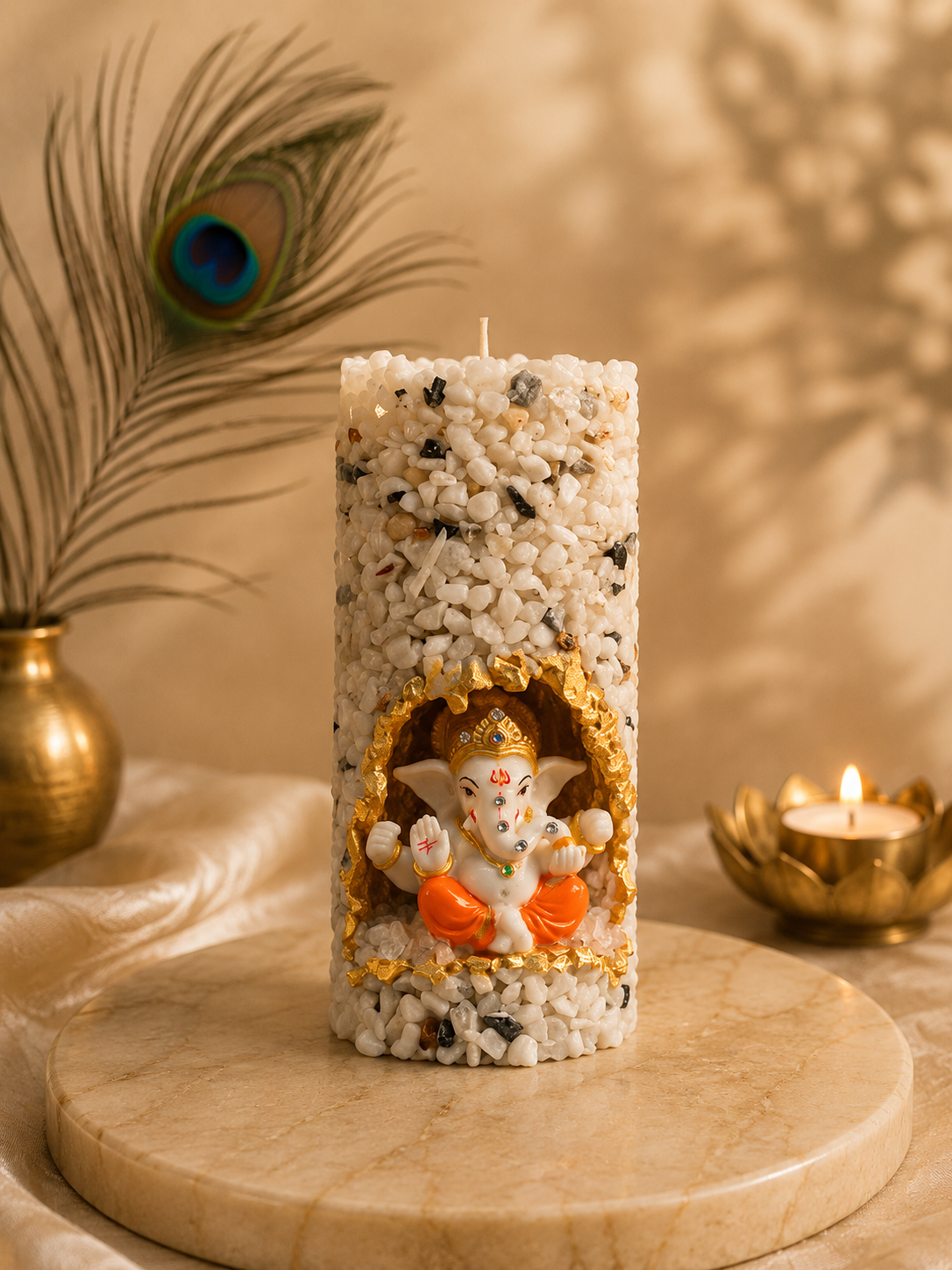 Divine collection 108 Blessings Pillar candle by Itrāa Essence featuring intricate designs and a serene, spiritual ambiance.